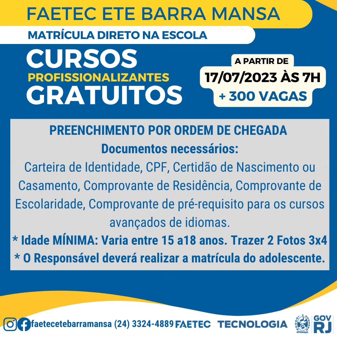 Faetec Anuncia 469 Vagas Em Cursos Gratuitos Profissionalizantes Em