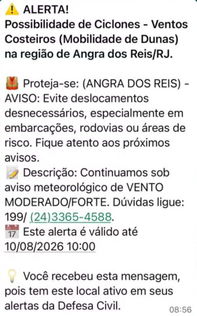 Angra emite alerta para fortes rajadas de vento e risco de ciclone